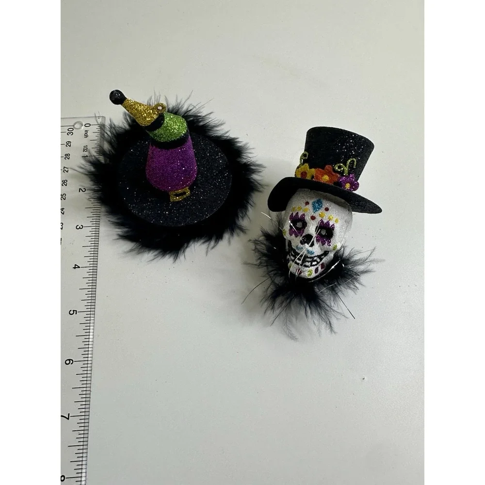 Pier 1 Halloween Ornament Day of Dead Top Hat Witch Hat Glitter Hanging Set 2
